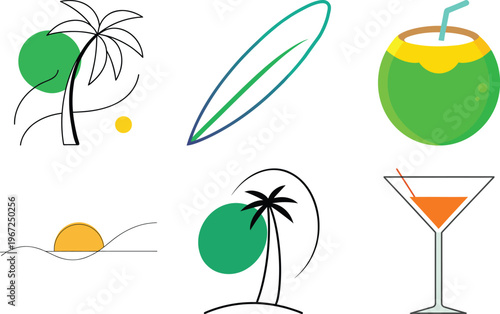 Minimalist Summer Beach Icons Set: Palm Trees, Surfboard, Coconut Drink, Sunset and Cocktail Illustration