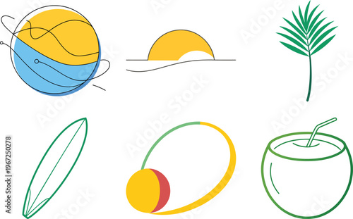Minimalist Summer Beach Icons Set - Line Art Illustration of Beach Ball, Surfboard, Coconut Drink, Palm Leaf and Sunset