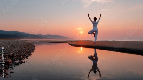 Sunset Yoga Serenity: A solitary figure finds inner peace, striking a graceful yoga pose on the tranquil shore as the sun dips below the horizon.