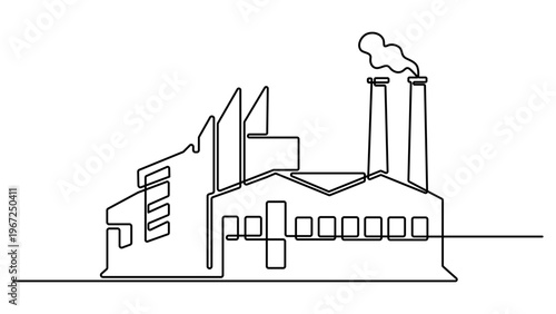 Drawing of an industrial plant or factory with a chimney in one line art style. Factory architecture buildings and landmark. Air pollution ecology concept