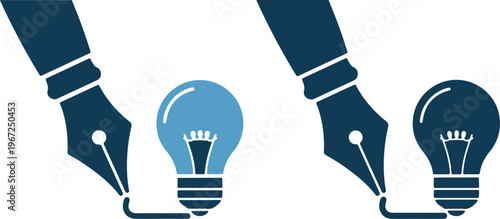 Two fountain pens drawing lightbulbs in creative inspiration concept