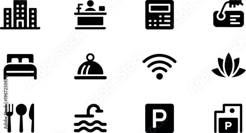 Set of travel and hotel amenities icons with transparent background