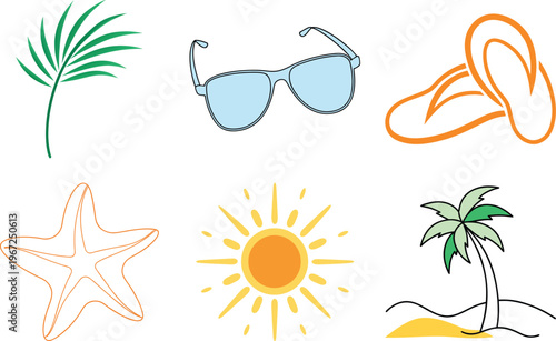 Summer Beach Elements Illustration: Palm Leaves, Sunglasses, Flip Flops, Starfish, Sun and Tropical Palm Tree
