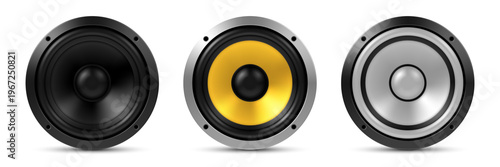 Vector icons of realistic audio speakers related to music and entertainment industry, sound equipment. Realistic illustration isolated on white background