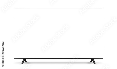 Front view of widescreen realistic TV with blank empty white screen isolated on white background