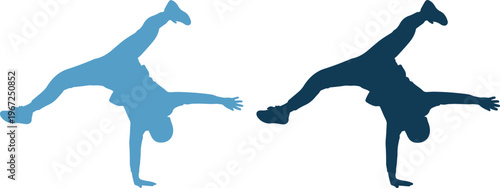 Two gymnasts performing handstands in different shades of blue
