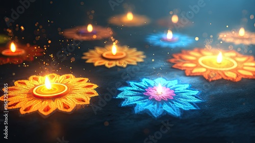 colorful diwali lamps with lit candles