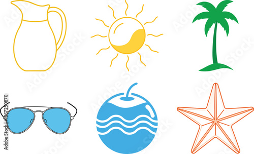 Vibrant Summer Beach Icons Set: Pitcher, Sun, Palm Tree, Sunglasses, Drink, and Starfish - Perfect for Vacation and Leisure Graphics