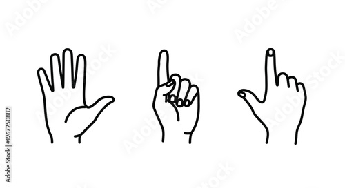 Three hand gestures in simple black line art a distinct silhouette