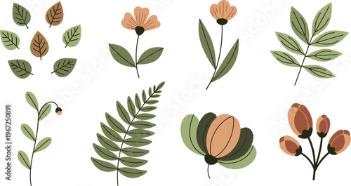 Minimalist Floral and Leaf Vector Set Featuring Flowers, Leaves, and Ferns with Soft Earth Tones for Nature, Garden, and Botanical Designs