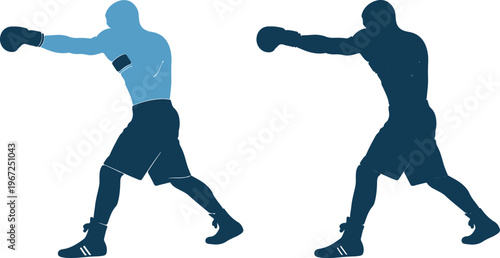 Two boxers in fighting stance with fists up in blue silhouette