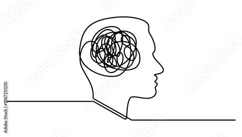 Head with confused thoughts one line art. Hand drawn continuous contour drawing motion. Mental health concept. Representing mental chaos or overthinking