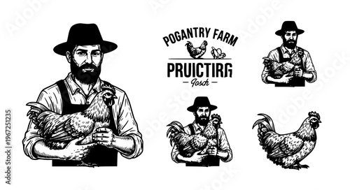 Farmer holding chicken vintage logo vector hand drawn EPS10 isolated on white
