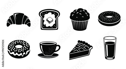 Assorted bakery items and beverages depicted in bold silhouette
