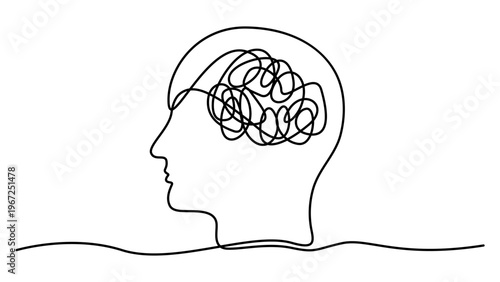 Head with confused thoughts one line art. Hand drawn continuous contour drawing motion. Mental health concept. Representing mental chaos or overthinking