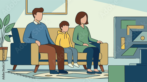 Family watching television together in modern minimalist living room