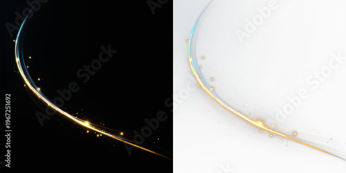 Curved magic glowing light trails with blue and gold sparkles for creative overlays png