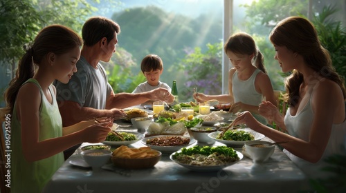 Family Meal: A moment of unity, with a family sitting together to share a delicious and healthy meal at a table with nature view in the background, a portrait of togetherness and well-being.