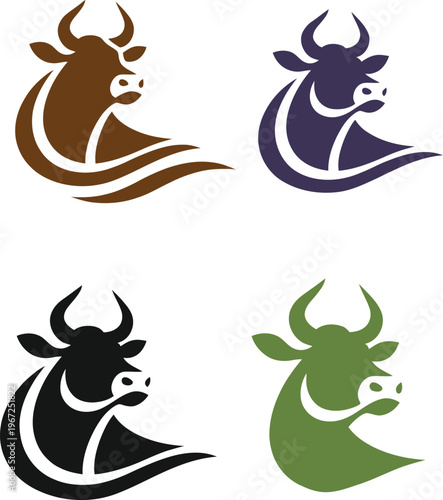 A bold collection of bull head logos featuring strong and dynamic shapes with flowing lines. These modern vector designs symbolize power, strength, agriculture, and determination, making them ideal fo