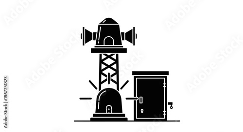 Industrial Emergency Siren Tower with Warning Light and Control Box Vector Illustration