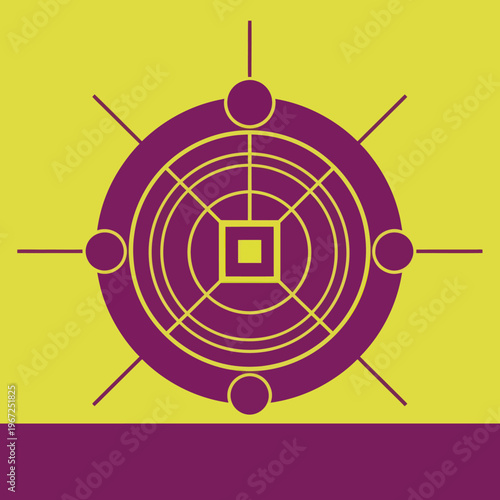 Abstract geometric mandala design with concentric circles and square.
