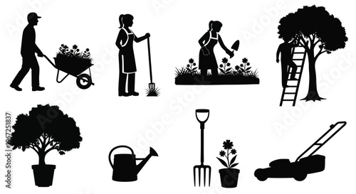 Gardening scene with people tools and trees in black silhouette