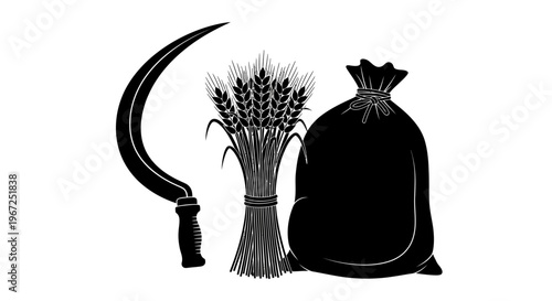 Traditional Agriculture Harvest Set with Sickle, Wheat Sheaf, and Grain Sack Vector