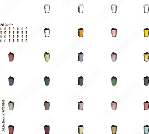 Set of insulated travel mug color variations isolated on white, Thermos