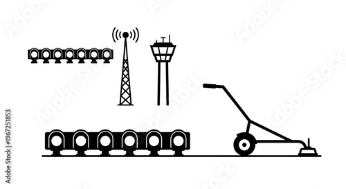 Airport Runway Lighting System with Control Tower, Signal Antenna and Line Marking Machine Vector