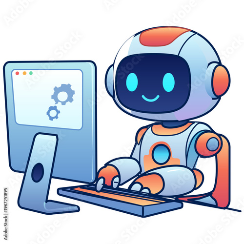 Friendly Robot Working on Computer,  for Blogs, Innovations in AI, Educational Websites, and Creative Content