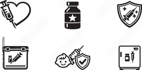  Healthcare vaccination icons with syringe vial and medical symbols isolated white
