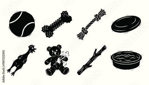 Set of black and white dog toy icons in hand drawn woodcut style