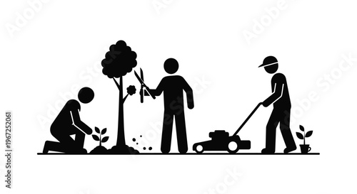 Gardening activities depicted in a minimalist black silhouette