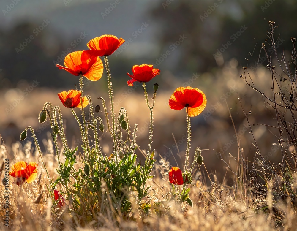 Fototapeta premium Vibrant red poppies glow in the sunlight against a dried grass field backdrop