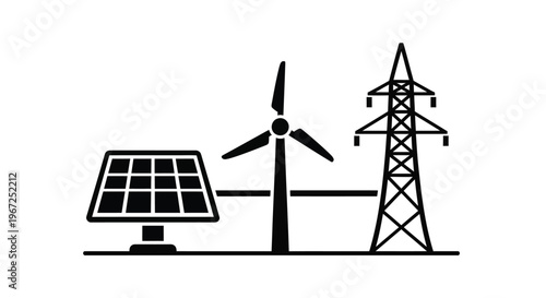 Renewable energy sources including wind solar and power lines silhouette