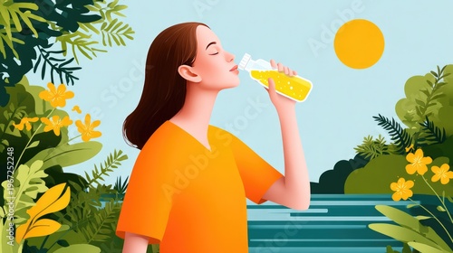 Refreshment Under the Sun: A woman finds blissful serenity as she takes a refreshing drink under the warm glow of the sun, surrounded by lush greenery.