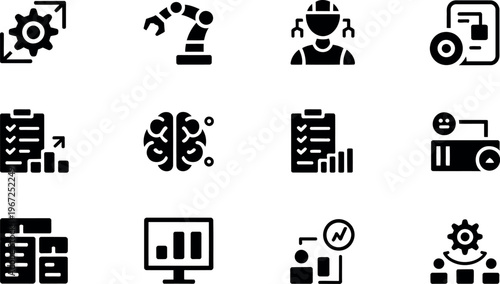 Collection of technology and industry icons featuring robots and analytics charts