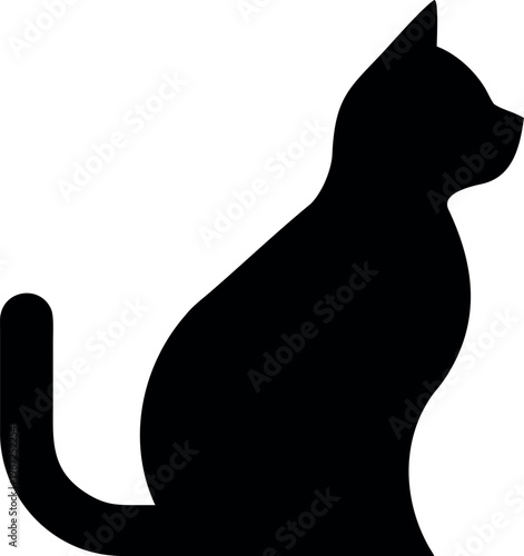 Black cat silhouette sitting profile view isolated on transparent background.