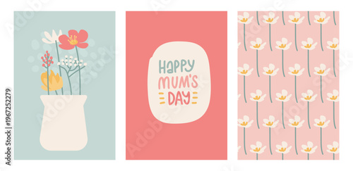 Happy Mother s Day greeting card set. Abstract minimalist vase with spring flowers, seamless floral pattern and cute text on pastel background. Naive boho vector poster template collection.