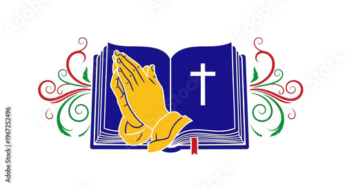 Praying Hands Holding Holy Bible.