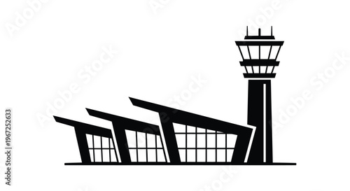 Modern airport control tower and terminal building stark silhouette