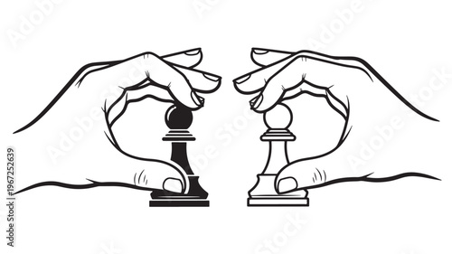 Chess pawns held by opposing hands, symbolizing strategy, competition, and decisive moves in the game.