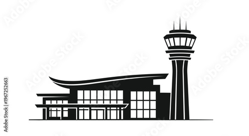 Modern airport terminal building and control tower black silhouette