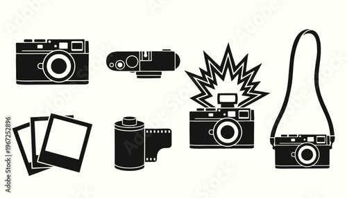 Vintage film camera silhouettes and photography icons set