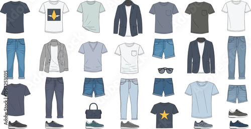 Casual Outfit Collection Illustration with T Shirts, Jeans, Jackets, Shorts, Sneakers and Accessories for Everyday Fashion, Wardrobe Styling and Clothing Design