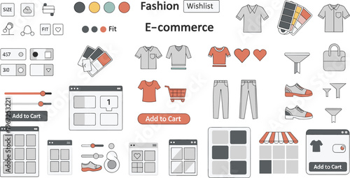 Fashion Ecommerce Interface Illustration with Product Selection, Wishlist, Add to Cart Buttons, Filters and Online Shopping UI Elements for Retail Web and App Design
