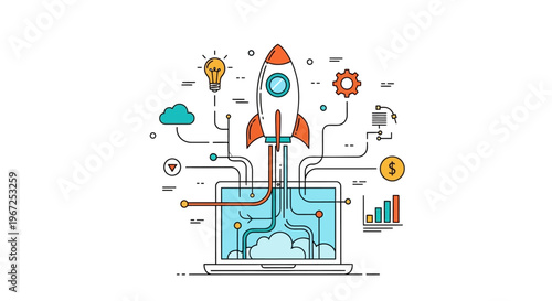 Startup rocket launching from laptop computer illustration on white