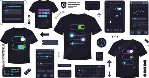Smart T Shirt Interface Illustration with Interactive UI Controls, Wearable Technology, Digital Display, Toggle Systems and App Connectivity for Futuristic Fashion Design