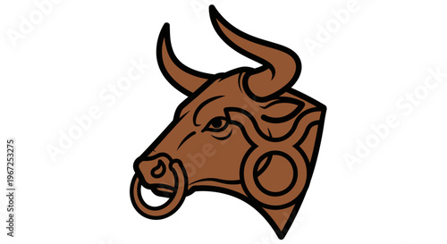 Stylized illustration of a brown bull head with ring in nose and horns