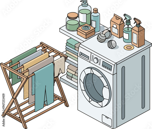 Isometric Laundry Room Illustration with Washing Machine, Clothes Drying Rack, and Cleaning Supplies on White Background